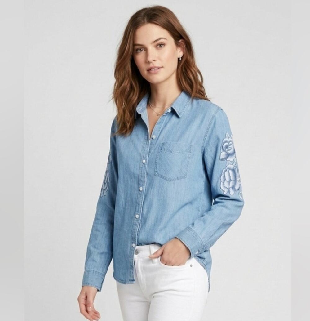Rails Denim Ingrid Shirt Button Up Shirt Linen Blend Embroidered Floral Size L